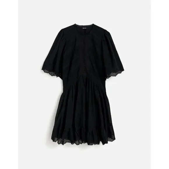 Madewell Cotton Eyelet Flutter Sleeve Mini Dress NU556 Black Size 12 NWT/FLAWED - Picture 5 of 6